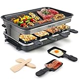 Raclette Grill 8 Personen Grillplatte Antihaftbeschichtet, Raclette mit 8 Mini Raclette Pfännchen & 4 Holzspatel, Stufenlos Regulierbare Temperatur, 1500W, Edelstahl