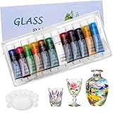 Magicdo 12 Farbe Glasfarbe Glasmalfarbe Glas Farben zum Bemalen Spülmaschinenfest Wasserfest Glasfarben Weingläser Keramik Set mit Palette (12 x 12Ml)
