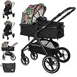 Lorelli Kinderwagen Viola 2 in 1, Kombikinderwagen bis 22 kg inkl. Babywanne und Sportsitz, Sportbuggy, Reisebuggy, Baby Buggy klein zusammenklappbar, große Gummireifen, Federung, blumenmotiv