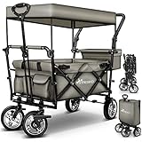 TRESKO® Bollerwagen faltbar mit Dach | Handwagen mit 2x3-Punkt Gurtsystem | Gartenwagen klappbar bis 80 kg | Transportwagen mit Vollgummi-Reifen + Vorder- und Hinter-Bremse + Tragetasche (Grau)