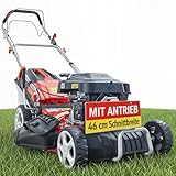 HECHT 5IN1 Rasenmäher Benzin – Bequemer Selbstantrieb - Für Flächen bis 1000 m² - Starker 4 Takt Motor mit 46 cm Schnittbreite – Radantrieb – Mulchfunktion – Seitenauswurf - Rasenmäher Benzin