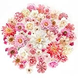 ROLLWAY 60 Stück Kunstblumen zum Basteln Rosa Weiß, 18 Typen Klein Künstliche Blumen zum Basteln Blumenköpfe 2~8cm, Mini Kunstblumen Deko Blütenköpfe Fake Blumendeko für DIY Hochzeit Tortendeko