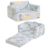 Tiita Kindersofa, 2-in-1-Kindersofa, umwandelbar Chirldren Couch zum Liegestuhl, Flip Out Kindersofa Stuhl, Glow in The Dark Kleinkind Armlehne Stuhl Bett für Mädchen oder Jungen, grau Dinosaurier