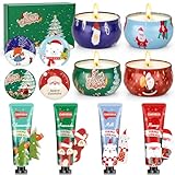 Weihnachten Duftkerzen Handcreme Geschenkset, 4 Stück Natürliches Sojawachs Aromatherapie Kerzen + 4 Stück Handcreme Mini Set, Weihnachtskerze Geschenke Kleine Weihnachtsgeschenke für Frauen Damen