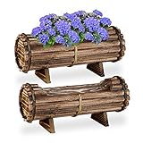 Relaxdays Blumenkasten Holz, 2er Set Pflanzkasten, HBT: 18 x 40 x 14 cm, draußen & drinnen, Pflanzfass mit Folie, braun, 10037609