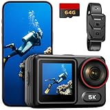 syndesmos Wasserdicht Action Cam 5K 30FPS, Dual-Touchscreen, 64MP Ultra HD-Unterwasserkamera, EIS Anti-Shake Outdoor Vlog Kamera, IMX386 12MP Sensor, 1350 mAh, 64 GB Karte, Fernbedienung und Kit