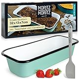 Moritz & Moritz Kastenform Kuchen 32cm Emaille – Backform Rechteckig für Kuchen, Toastbrot oder Brot – Inkl. Teigschaber, 3 Deko-Schablonen und Rezeptheft
