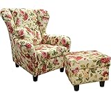 Gemütlicher Ohrensessel mit Hocker im Landhaus-Stil, hoher Sitzkomfort durch Wellenunterfederung, moderner Lesesessel mit Echtholzfüßen und Zierkissen, Webstoff mit Blumenmuster / 18004