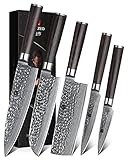 XINZUO 5er Damastmesser Set Küchenmesser Damaststahl 5-Teilig Chefmesser Set, Hammerschlagoberfläche Kochmesser Set Profi Scharfe mit Pakkaholz Griff - He Serie