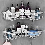 YIGII Duschablage Ecke – Duschregal Edelstahl Silber, Duschablage Edelstahl Ohne Bohren mit Seifenhalter und Haken, Badezimmer Ablage Ohne Bohren, Duschhalterung für Shampoo, 2 Stück