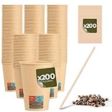 Einwegbecher aus Pappe mit Holzstäbchen – perfekt für heiße und kalte Getränke, Kaffee, Tee, Tee oder Wasser – sehr robust und langlebig (200 Becher)