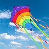 Drachen Kinder, Einleiner Flugdrachen für Kinder und Erwachsene, 64x75cm, Bunt Delta Regenbogen Kites Lenkdrachen mit 100m Drachenschnur und Streifenschwänze, Perfekt für Anfänger