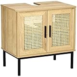 kleankin Waschbeckenunterschrank Unterschrank mit Schrankfach, Waschtischunterschrank mit Rattanoptik, Badunterschrank mit Kippschutz, Natur, 60 x 39 x 60 cm