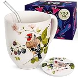 Yang Chai Jumbotasse 900ml - große Teetasse aus Knochen Porzellan - XXL Tasse Geschenkset mit Untersetzer - Kaffeetasse Riesentasse Trinkbecher Riesenbecher Jumbobecher - YC Berry Birdy