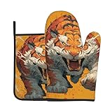 HHGFASD Zweiteiliges Set mit hitzebeständigen Handschuhen und Isolierpolstern mit wildem Tigermuster für die Küche