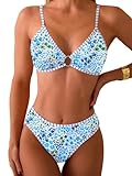 Fanuerg Triangel-Bikini-Set für Damen, O-Ring, Zweiteiliger Badeanzug, Blumendruck, frecher Badeanzug, Blaues Blumenmuster 2, Medium