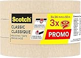 Scotch Kreppband Classic Beige, 24 mm x 50 m (3 Rollen) - Hochwertiges Universal-Abklebeband, Premium Malerkrepp für Malerarbeiten und Dekoration