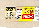 Scotch Kreppband Classic Beige, 24 mm x 50 m (3 Rollen) - Hochwertiges Universal-Abklebeband, Premium Malerkrepp für Malerarbeiten und Dekoration