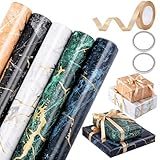 5 Rollen Geschenkpapier Set, 43cm x 3m Geschenkpapier Marmor Geschenkpapier Geburtstag Geschenkpapierrolle mit Schleifenband Gold für Geburtstag Hochzeit Babyparty Vatertag (5 Designs)