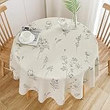 DINGC Tischdecke Rund Baumwolle und Leinen mit Blumendruck 150cm Beige, Tischtücher Rund Staubdicht Tablecloth, Runde Tischdecke Abwaschbar Tablecloth Round Esstisch Wohnzimmer Picknick