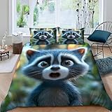 Bettbezug 220x240 cm Bettwäsche Waschbär Tier 3D Muster Flauschig Mikrofaser Artikel Niedlich Cartoon Warm Weiche Bettbezüge mit ReißVerschluss Und EckbäNdern + 2 Kissenbezug 80x80cm