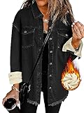 LOOKUB Jeansjacken für Frauen 2023 Langarm Casual Warm Plus Size Denim Shirt Distressed Leicht Winter Warme Damen Shacket Jacken, 2XL, Schwarz, A_black, XX-Large