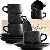 STEINZEIT Design Espressotassen (6x80ml) - Espressotassen Set mit passenden Untertassen - Espressokaffeetassen aus 100% Handfertigung - stapelbare Mokkatassen in Schwarz