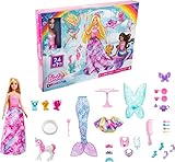 Barbie Dreamtopia Adventskalender Barbie-Puppe und 24 Geschenke einschließlich märchenhafte Moden, magische Haustiere und Zubehör, Urlaub Geschenk, HGM66