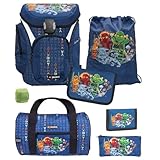 Familando Ninjago Schulranzen 1. Klasse für Jungen und Mädchen · ergonomisch & leicht · Explorer Schultasche im Set (7-teilig mit Sporttasche)