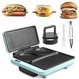 Baker's Friend Frühstückssandwichtoaster, Combo Grill und Elektrogrill mit Antihaftbeschichtung, 3 in 1, Sandwiches, Burger, Hot Dogs, Hot Cakes, inklusive Burgerpresse, Zange und Bürste