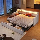 Gxffipw Schlafsofa Tagesbett 90x200 cm mit LED-Leiste und USB Type-C, Schlafcouch mit Ausziehbett 90x190 cm und 2 Schubladen, Sofa Bett Bettgestell mit Lattenrost, Linen, Beige, Ohne Matratze