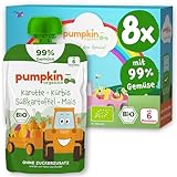 Pumpkin Organics Bio Gemüse-Quetschies 99% Gemüse - 8er Pack Karotte, Kürbis, Süßkartoffel, Mais - ohne Zuckerzusatz¹ - ab dem 6. Monat - als Snack oder Beikost für unterwegs - (8x100g)