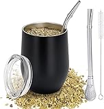 TELANKS Modernes Mate Becher 340 ml, Yerba Mate Cup Set Edelstahl doppelwand isolier Design, Mate Tee Tasse mit BPA-freiem Deckel, Bombillas und eine Reinigungsbürste (Schwarz)