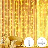 Ollny LED Lichtervorhang 2x2m, 200 LEDs Lichtervorhang innen USB warmweiß, Lichtervorhang Fenster mit 10 Haken für Deko Hochzeit Schlafzimmer Fenster Party Wand Balkon