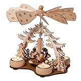 Wichtelstube-Kollektion Handgefertigte Pyramide Weihnachten aus Echtholz, detailreich und hochwertig, handbemalte Weihnachtspyramide Holz, Verzierte Pyramide Teelicht, sicher Dank Teelichter