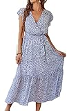 Jiraewh Damen Blumen Lange Kleid Chiffon Rüschen Kurzarm V-Ausschnitt Elegant Strandkleider Sommerkleider mit Gürtel（XL-BL）