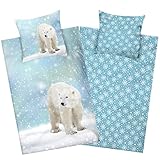 Aminata Kids Biber Bettwäsche 135x200 Eisbär Flanell Baumwolle mit Reißverschluss - Kinder & Erwachsene - weiß blau - Tier-Motiv - Schneeflocken - Eisbärbettwäsche Winter-Tiere