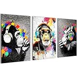 Novart Bilder Banksy Style Affe mit Kopfhörer - KOMPLETT AUFHÄNGFERTIG - Wohnzimmer Loft Flur - 3 Moderne Bilder Schwarz Weiss Bunt- N034536a