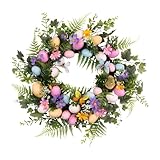 Osterkranz 40 cm, Türkranz mit Eiern und Blumen, Frühlingsdekoration für Haustür, Wand und Eingangsbereich, Fensterdekoration, Bunte Oster Deko, Wiederwendbar (A-40cm)