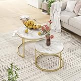 Marmor Couchtisch Gold, Couchtisch 2er Set mit 1 Großer Couchtische Rund und 1 Kleiner Tisch, Beistelltisch Weiss aus Metallgestell Wohnzimmertisch Modern