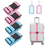 Flintronic 4-Stück Premium Gepäckgurt Koffergurt Kofferband Einstellbare rutschfest Gepäckband Lang kofferbänder Luggage Strap + 2 Stück Kofferanhänger Sicher Reisen für Koffer - Rosa + Blau