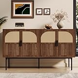 kozamas Sideboard mit Rattan & Nussbaumoptik 140x40x80 cm | Moderner Aufbewahrungsschrank mit 4 Türen | Für Wohnzimmer & Esszimmer | Viel Stauraum