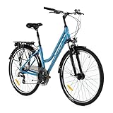 ATTABO Damen Trekkingfahrrad 28″ Gr. 19″ Blau – 6061 Alu Rahmen, SR Suntour SF14 Federgabel, V‑Brake, ergonomischer Zoom Lenker, Shimano Schaltung, LED‑Beleuchtung, Gepäckträger