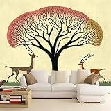 Abstrakte beige Kunst Baum des Lebens Antilope Tapeten-Wandbild 400 x 280 cm für Wohnzimmer, TV-Hintergrund, Sofa, Wanddekoration im Schlafzimmer, Esszimmer (nicht selbstklebend)