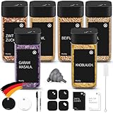 Miorkly Gewürzgläser Eckig - 6er Set mit Schwarz Edelstahl Drehdeckel, 120ML Gewürzstreuer Set mit Streueinsatz,Hochwertige Gewürzdosen,Glas Gewürz Organizer inklusive Trichter, Etikett und Stift