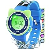 Juboos Kinder Digitaluhren Jungen Mädchen,7 Farben LED-Licht,30M Wasserdicht, mit Alarm,Stoppuhr Outdoor Armbanduhr für Kinder 5-16 Jahre (Blau-Grün)
