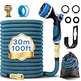 Gartenschlauch Flexibel 30M, 100FT Ausziehbare Garten Schlauch Dehnbarer mit 10 Funktions Gartenbrause, Dehnbarer Flexschlauc mit Messingverschraubungen, 3-Fach Latex Balkonschlauch, Garden Hose