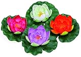 Pontec PondoLily, mehrfarbig, bunt - schwimmende Seerosen, vier unterschiedliche Farben, Kunststoffseerose für Gartenteich