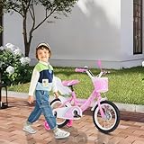HUOLE Kinderfahrrad 40,6 cm (16 Zoll), mit Rücktrittbremse und Stützrädern, für Mädchen und Jungen von 5 bis 8 Jahren und älter, Rücksitze, Rückspiegel, Korb, 40,6 cm, Rosa