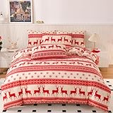 Boqingzhu Weihnachts Bettwäsche 135x200cm Rot Weiß Rentier Schneeflocke Warm Winter Weihnachten Bettwäsche Set Microfaser Bettbezug 135x200cm und Kissenbezug 80x80cm mit Reißverschluss